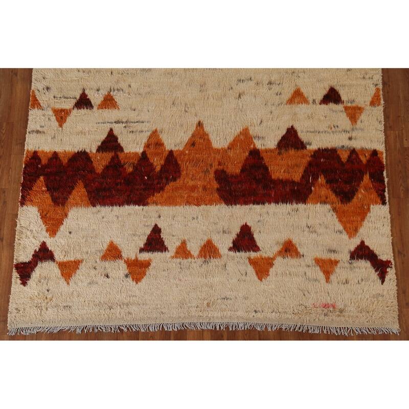 Hand Knotted Oriental 100% Wool Carpet Modern Tribal Beige & Ivories Moroccan Area Rug - 9' 8'' X 6' 8''