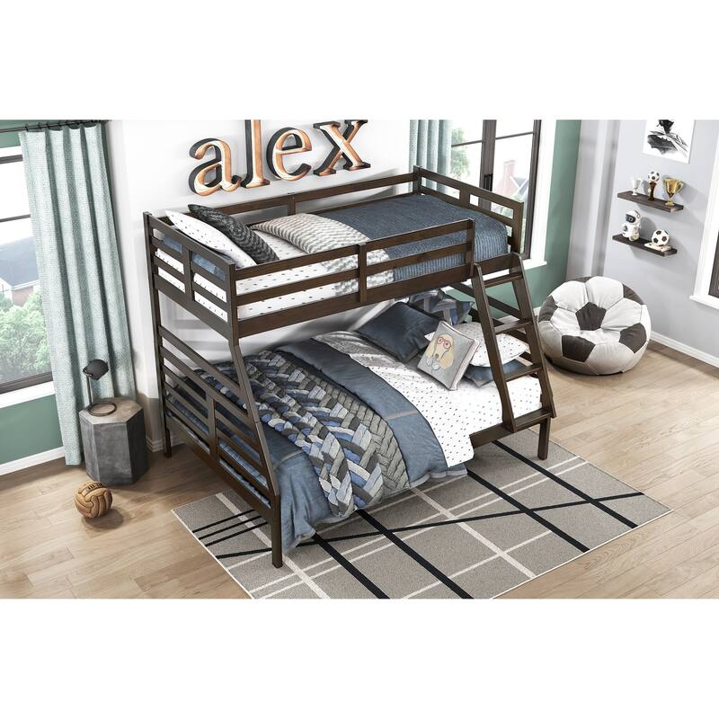 Twin Over Full Bunk Bed in Dark Brown, Durable Wood, Space-Saving Youth Furniture