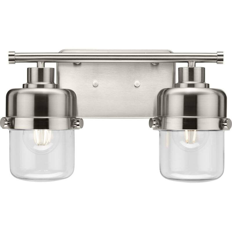 Beckner Collection Two-Light Brushed Nickel Clear Glass Urban Industrial Bath Light - 14.62 in x 6.37 in x 8.37 in