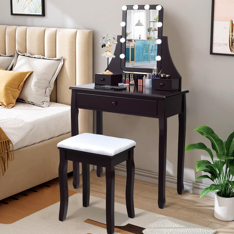 Costway Vanity Table 10 Dimmable Bulbs Makeup Desk WhiteBlackBrown - Brown