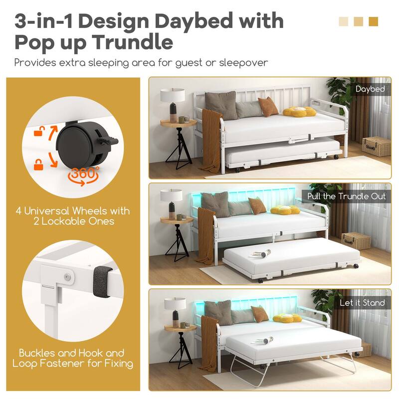 Costway Twin Size Daybed with Pop-up Trundle Charging Station & LED