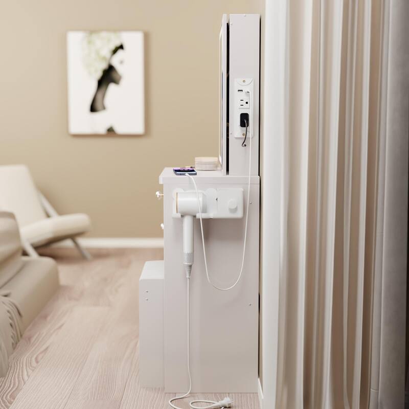 Small Size Left Bedside Cabinet Vanity Table+Cushioned Stool,USB Power Station,Touch Control Sliding LED Mirror