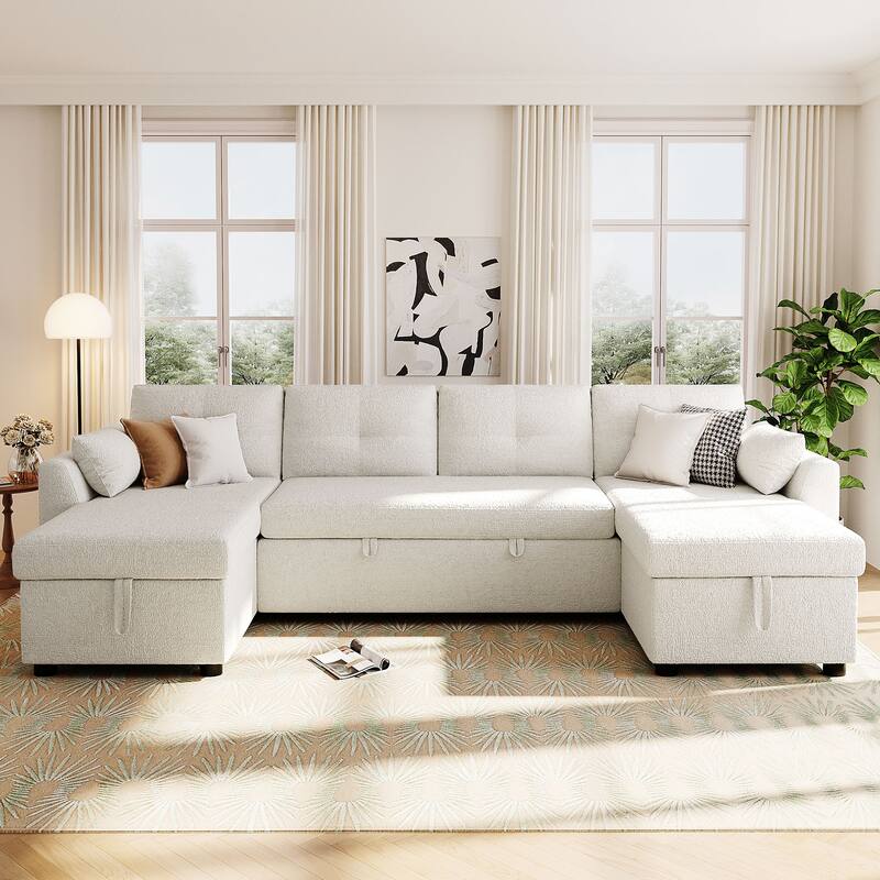 Oversized U-shaped Sectional Sofa with USB Ports, Dual Storage Chaise Lounges Sofa with Pull-out Bed Convertible Sleeper Sofa