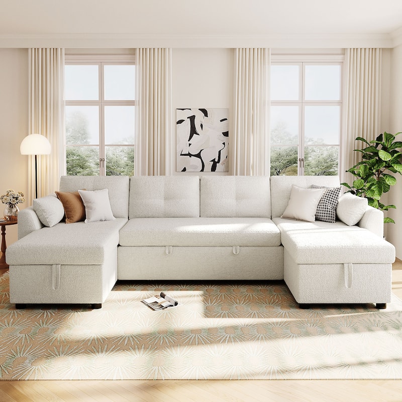 Teddy Fabric Sectional Sofa Convertible Sleeper Sofa Modern U-Shaped Couch Dual Storage Chaise Lounge with Pockets and USB Ports