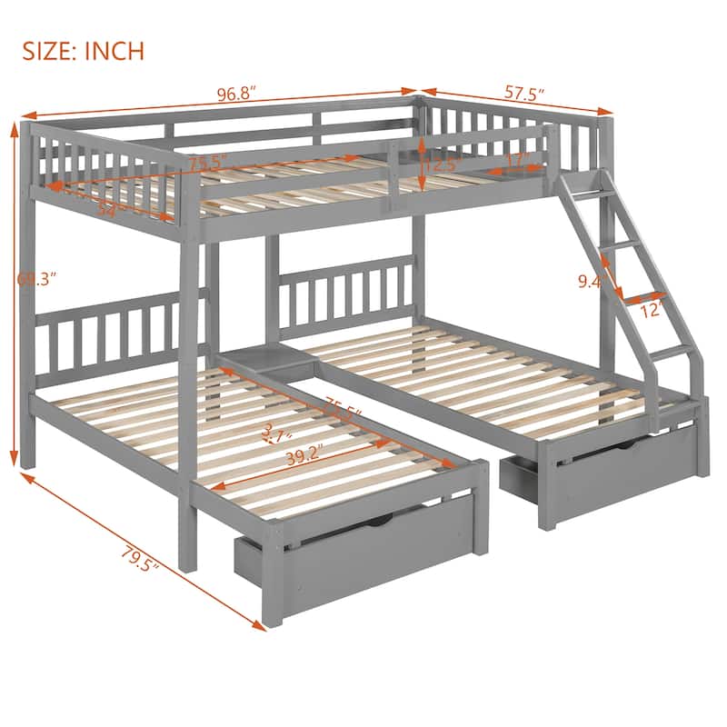 Detachable Triple Bunk Bed Convertible 3 Platform Beds, Wood Full Over Twin & Twin Bunk Bed Frame with Drawers and Guardrails