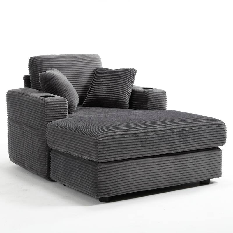 Corduroy Upholstered Chaise Lounge Sofa,Magazine bag,Detachable Cushions Deep Seat for Living Room Office