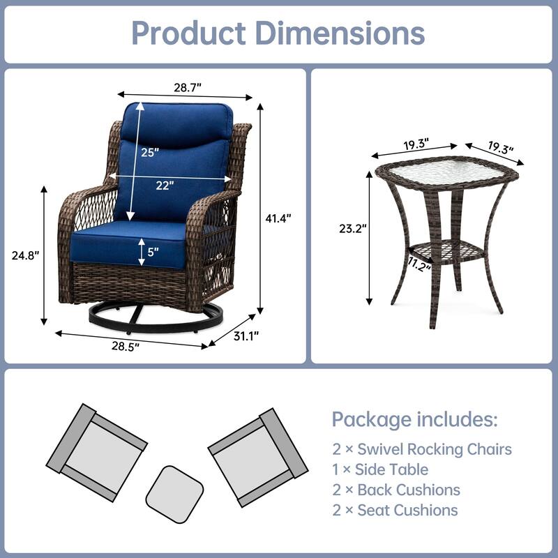 High Back Outdoor Swivel Rocker Patio Chairs Set of 2 with 5-Inch Thick Cushions and Side Table for Porch, Poolside
