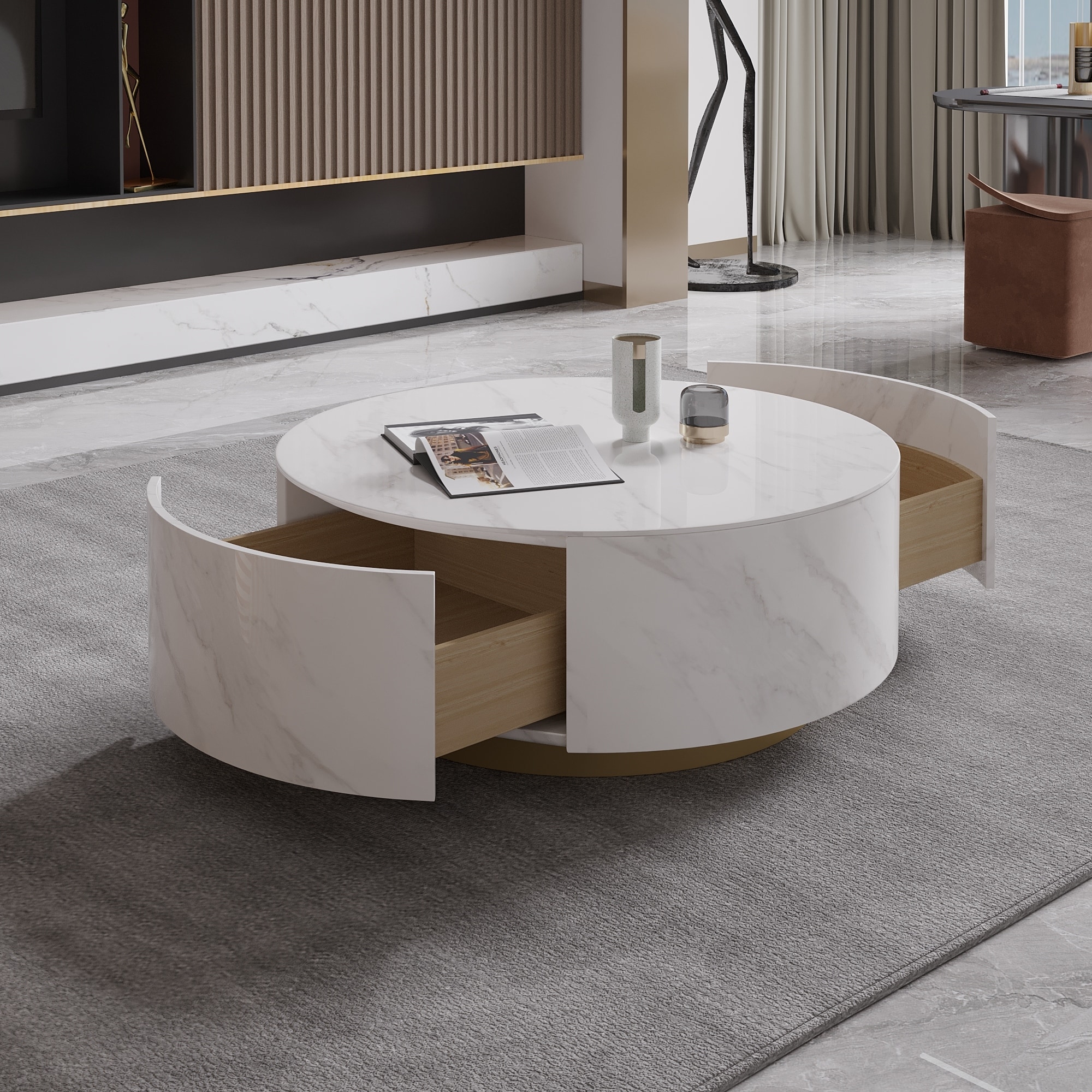 Modern Round Coffee Table with 2 Drawers, Sintered Stone Tabletop