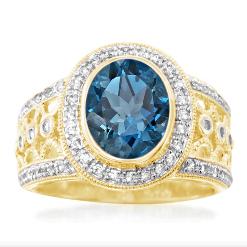 18K Yellow Gold Over Sterling Silver London Blue Topaz, White Natural Zircon Ring