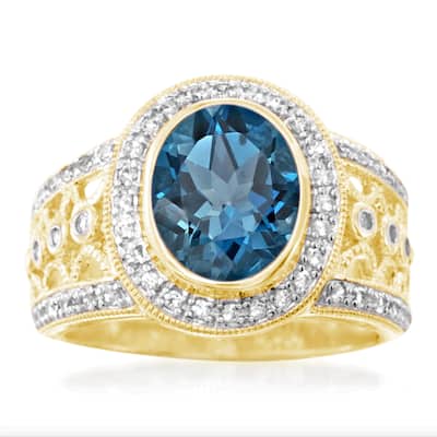 18K Yellow Gold Over Sterling Silver London Blue Topaz, White Natural Zircon Ring