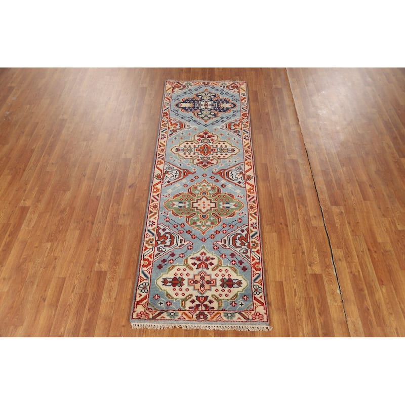 Light Blue Geometric Kazak Indian Runner Rug Hand-Knotted Wool Carpet - 2'7"x 7'10"