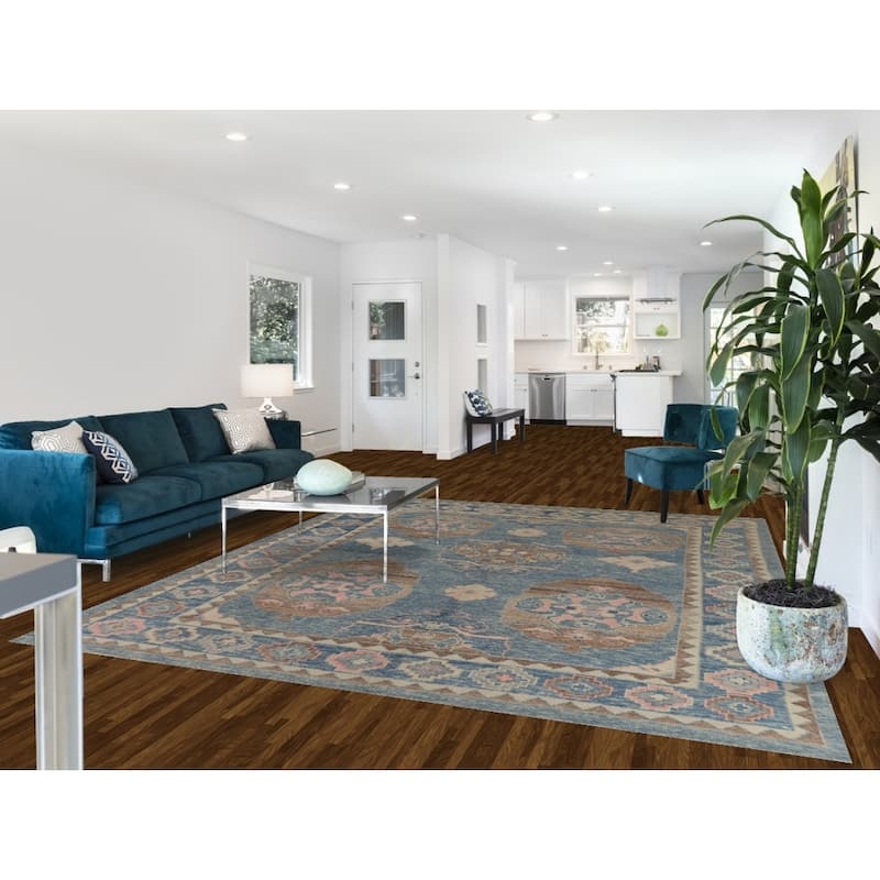 Hand Knotted Oriental 100% Wool Carpet Transitional All-Over Navy Blue & Blues Oushak Area Rug - 9' 11'' X 8' 4''