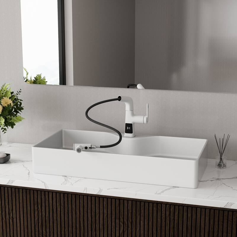 Modland 5-Way LED Bathroom Sink Faucet Single Hole with Pull Out Spray in White/Chrome
