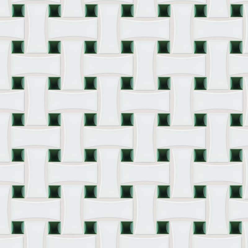 Merola Tile Metro Ion Dog Bone Basketweave Emerald Dot w/Matte White 10" x 10" Porcelain Floor and Wall Tile