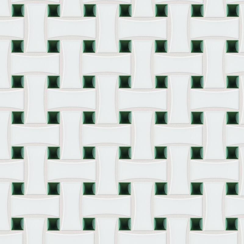 Merola Tile Metro Ion Dog Bone Basketweave Emerald Dot w/Matte White 10" x 10" Porcelain Mosaic Floor and Wall Tile