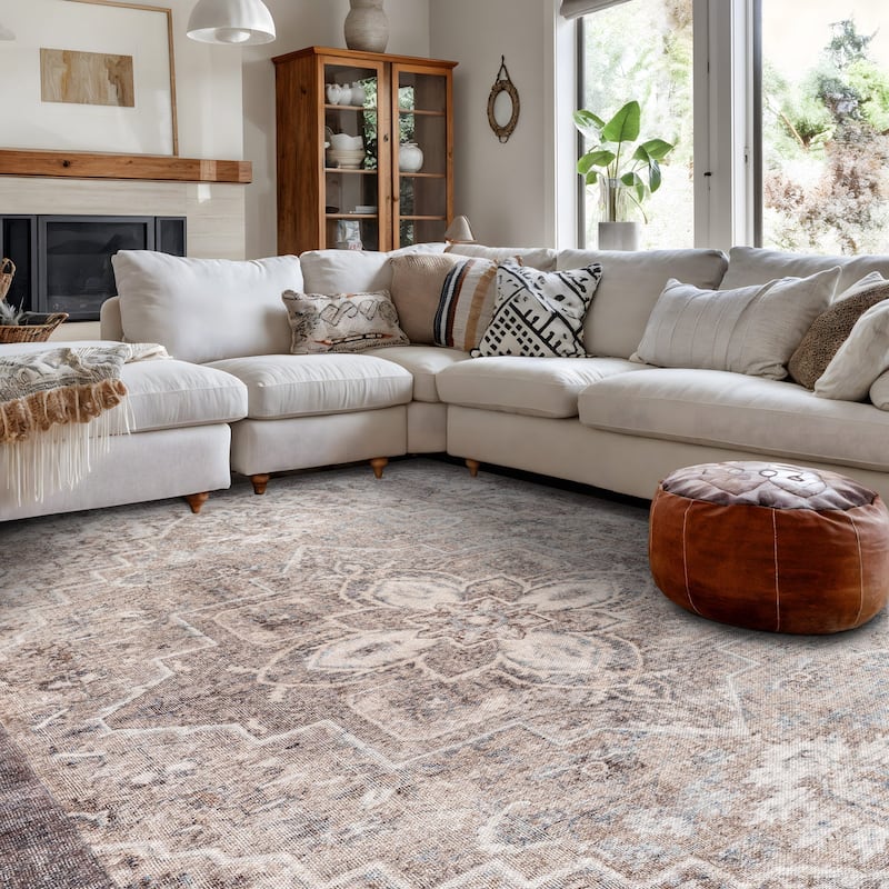 Beige Floral Medallion Washable Rug - Low Pile, Non-Slip