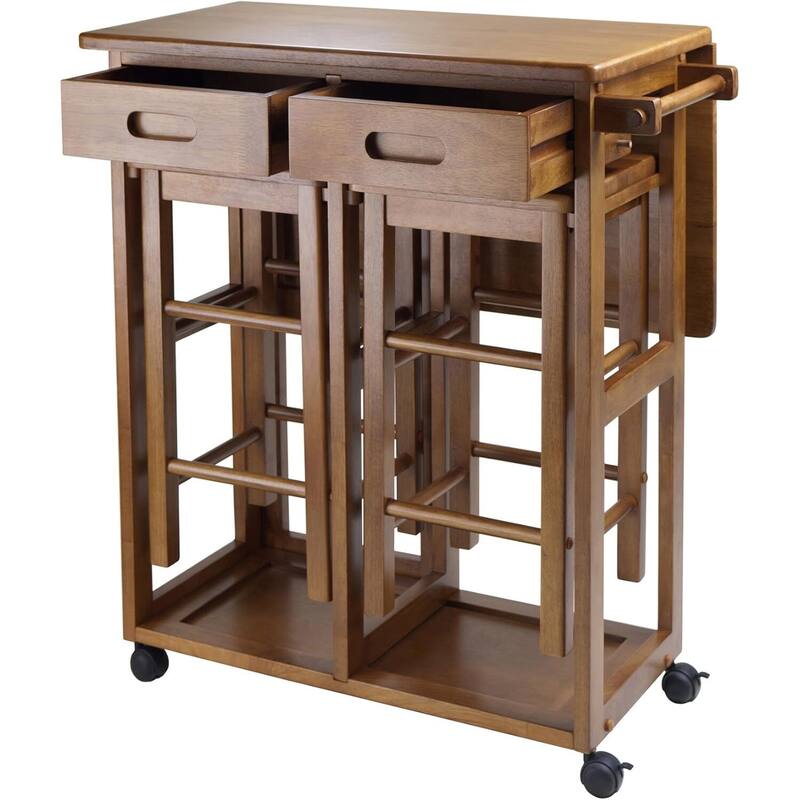 Retro Rolling Cart with Stools - Space Saving Bar Cart, Drop Leaf Table, Kitchen Dining Furniture