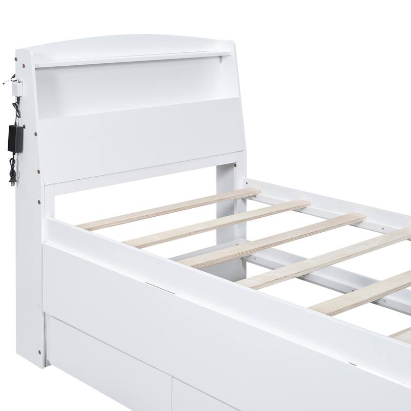 Platform Bed with Storage LED Headboard, Twin Size Trundle and 3 Drawers