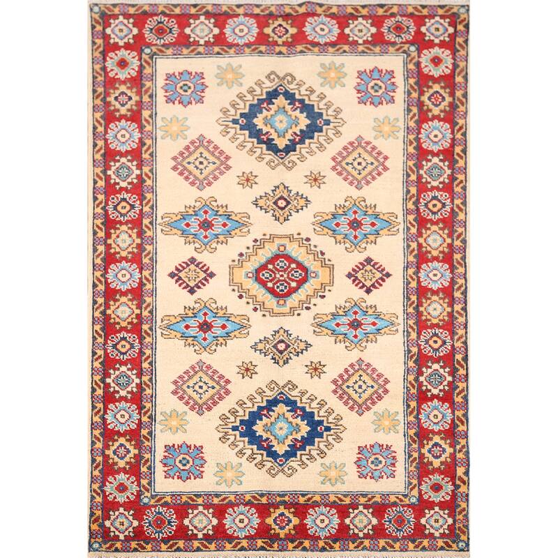 Kazak Oriental Accent Rug Handmade Beige Geometric Wool Carpet - 3'3" x 4'11"