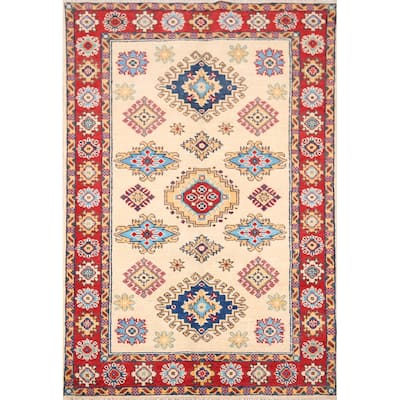 Kazak Oriental Accent Rug Handmade Beige Geometric Wool Carpet - 3'3" x 4'11"