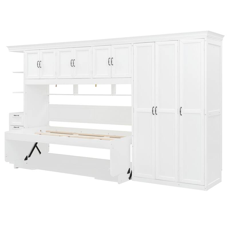 Space-Saving Twin Murphy Bed with Wardrobe, Desk, and Storage, White