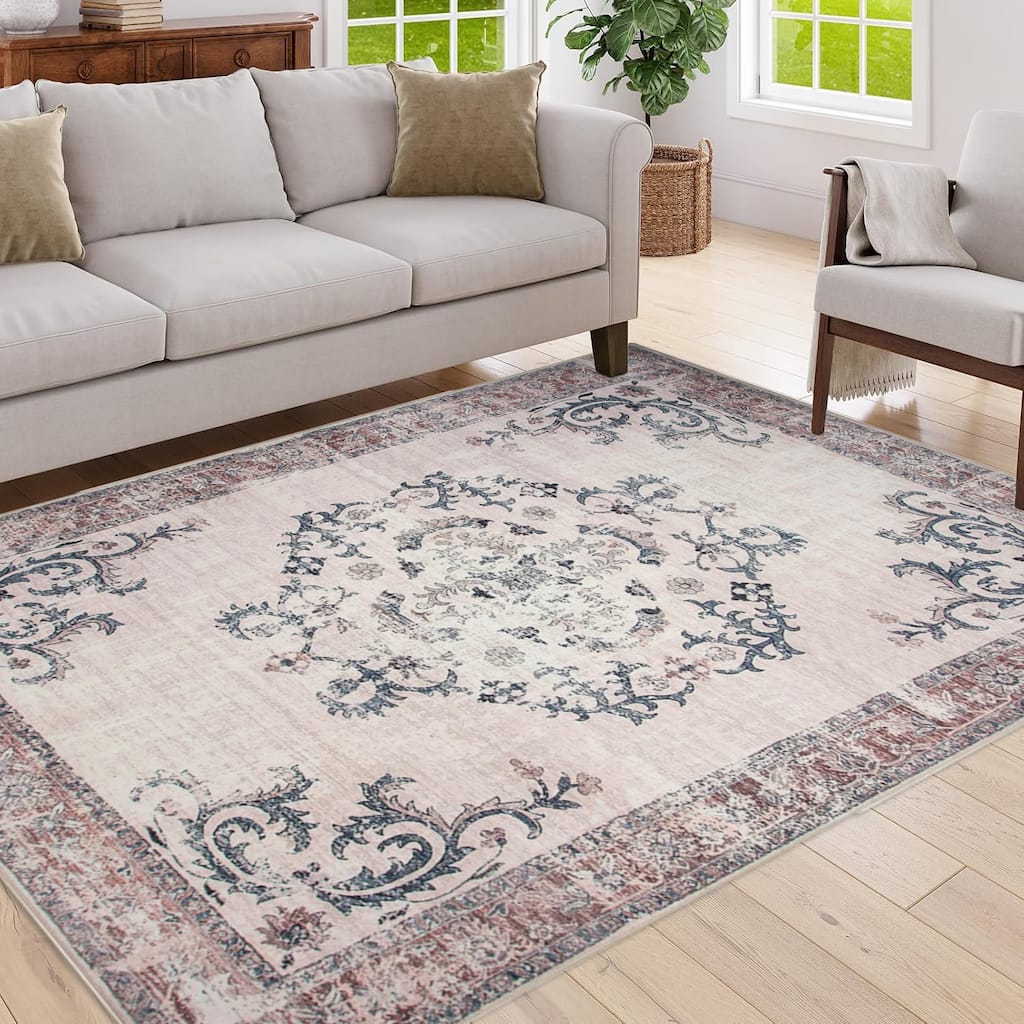 Vintage Bohemian Living Room Area Rug 5x7, Non-Slip Machine Washable Rug, Non-Shedding Floor Carpet for Bedroom Dining Room