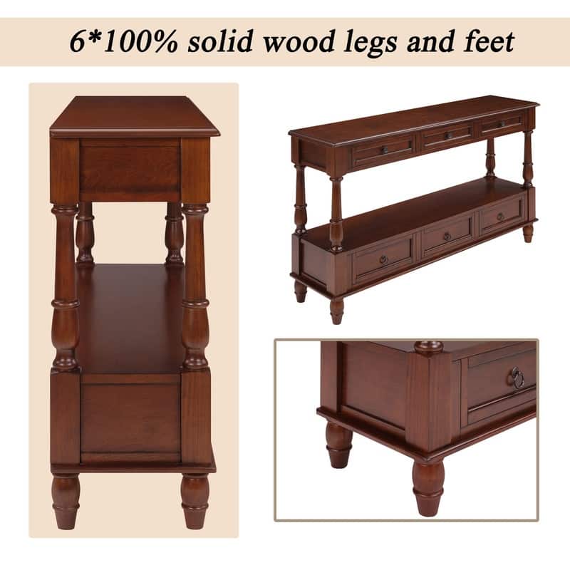 Retro 54" Solid Wood Console Table with 6 Drawers and Shelf for Vintage Living Room and Hallway Storage