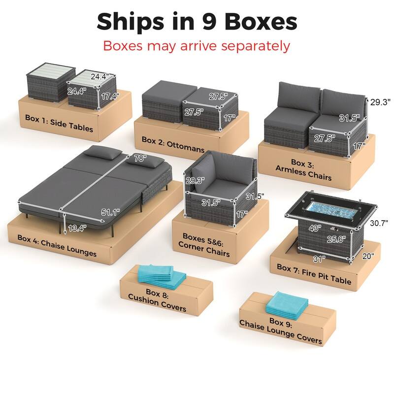Outdoor Sectional Conversation Set PE Wicker with Double Chaise Lounge, 60,000 BTU Fire Pit Table