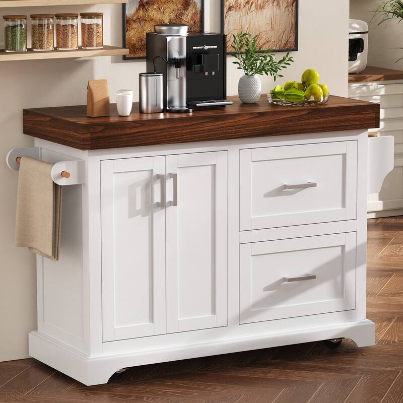 53 Inch Kitchen Island Cart with Thick Desktop Drawers Spice and Towel Racks - White
