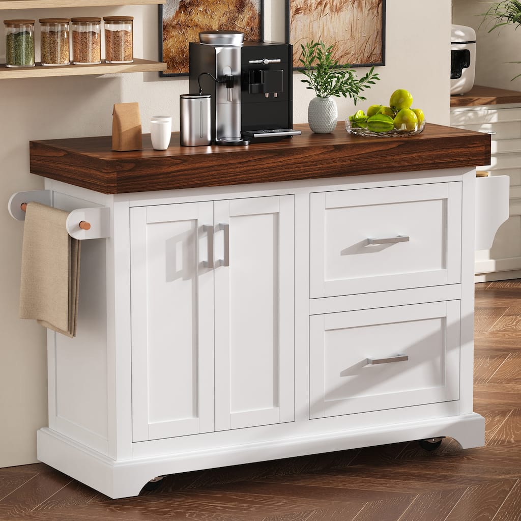 53 Inch Kitchen Island Cart with Thick Desktop Drawers Spice and Towel Racks
