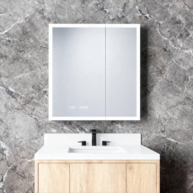 Rectangular Aluminum Recessed/Surface Mount Medicine Cabinet in Silver with Mirror LED and Clock - Silver - 36'' x 5.4'' x 30''