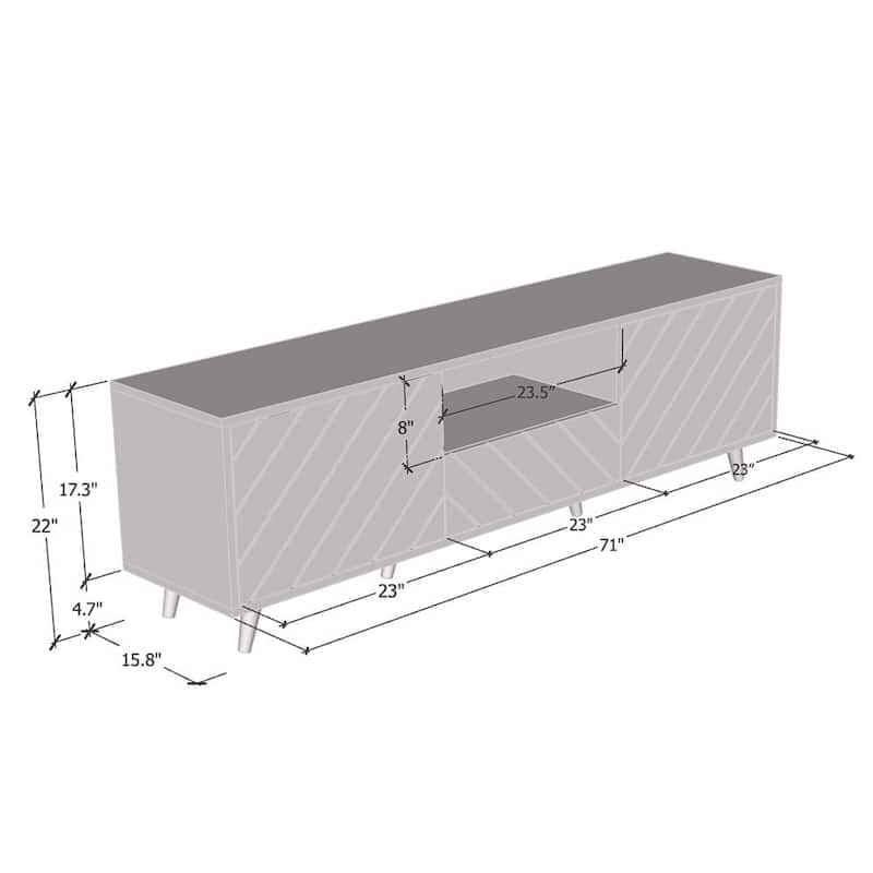 Meble Furniture Paris Modern 71" High Gloss TV Stand with Geometric Front Design, Angled Legs, 22"H x for up to 80" TVs