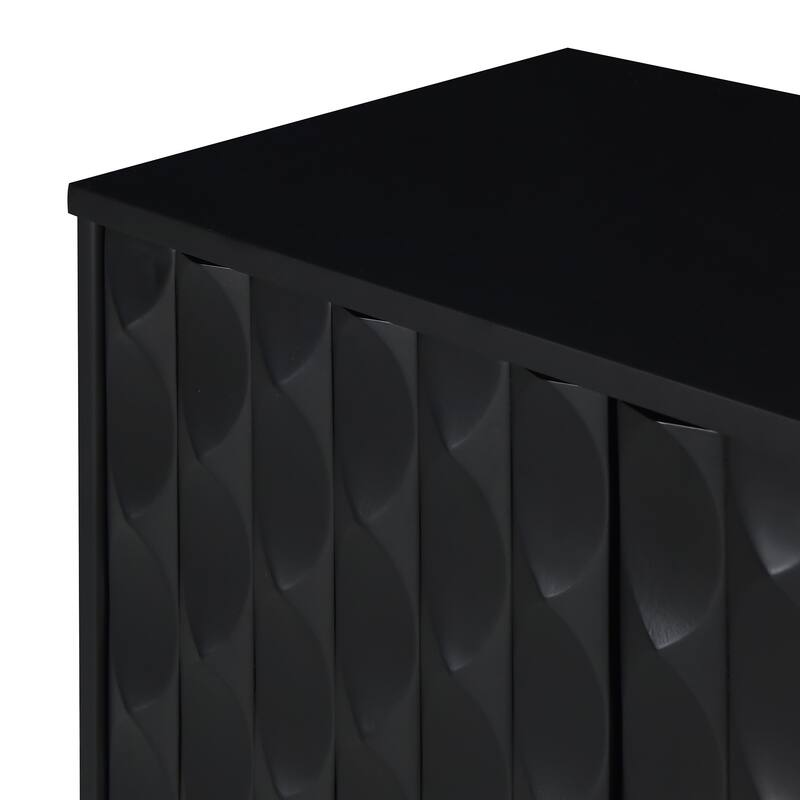 Modern 4-door Sideboard with Convex Pattern Doors and 2 Silver Handle for Living Room, Dining Room, Kitchen (Black)