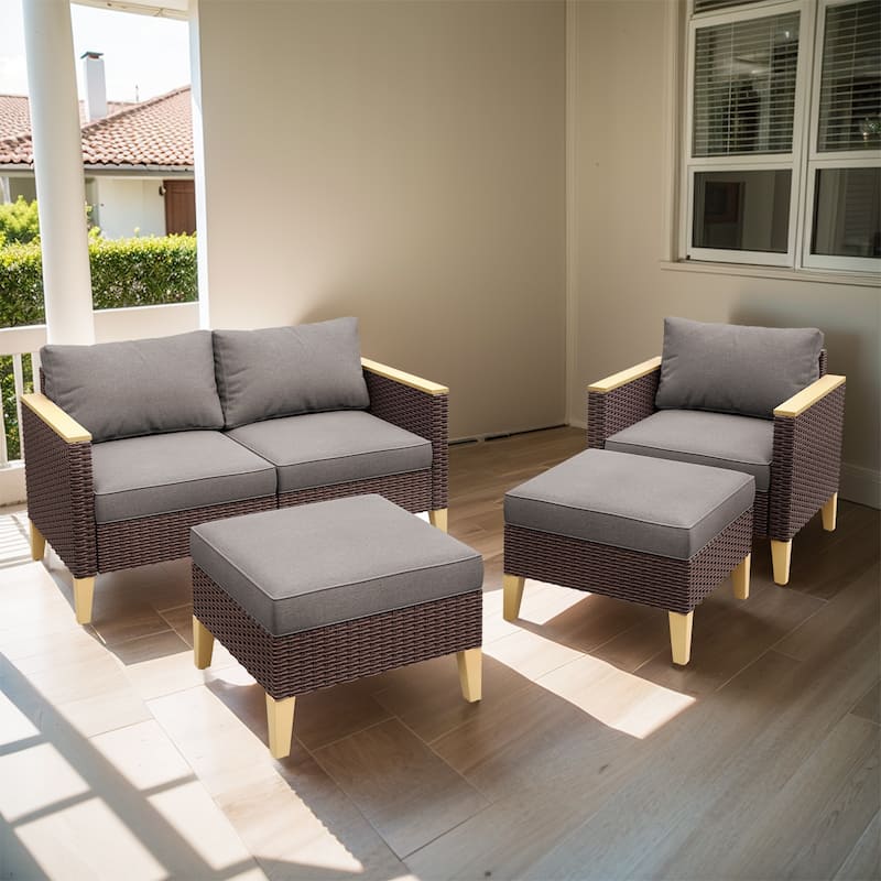 Outdoor Loveseat Sofa,Patio Chair with Ottoman - Grey - Brown