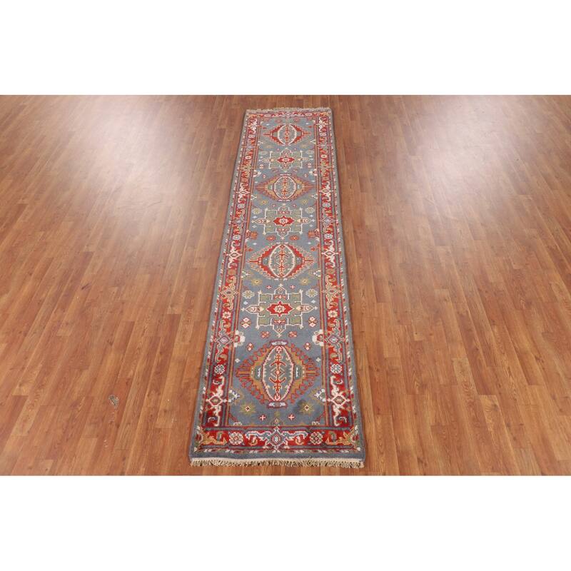 Blue Geometric Khotan Oriental Runner Rug Handmade Wool Carpet - 2'6"x 10'0"