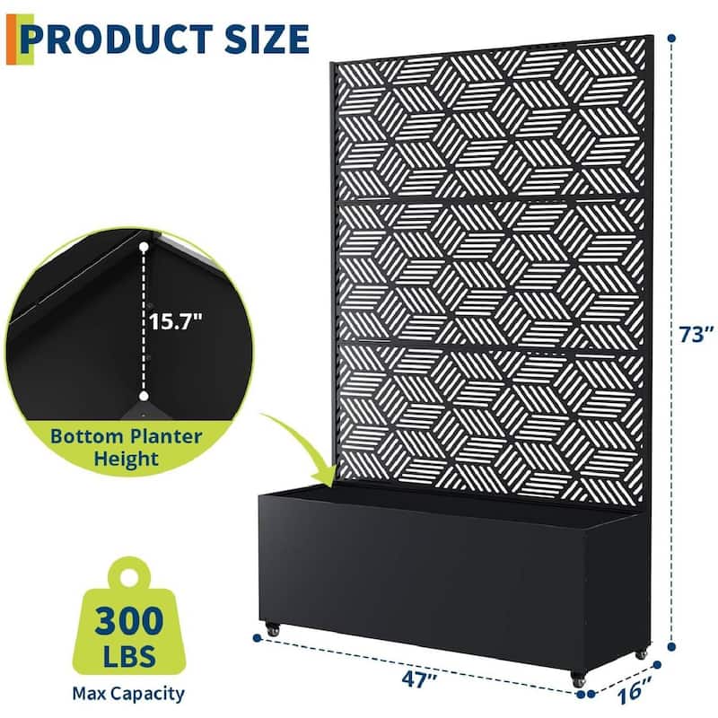 Metal Privacy Screen Planter Box, Raised Garden Bed for Climbing Plants, Veggies, Parallel Style With Wheels