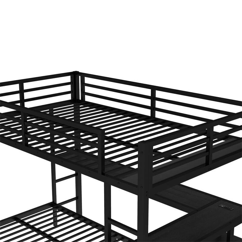 Black Metal Bunk Bed Loft Bed Frame with Desk, Shelves, LED and USB