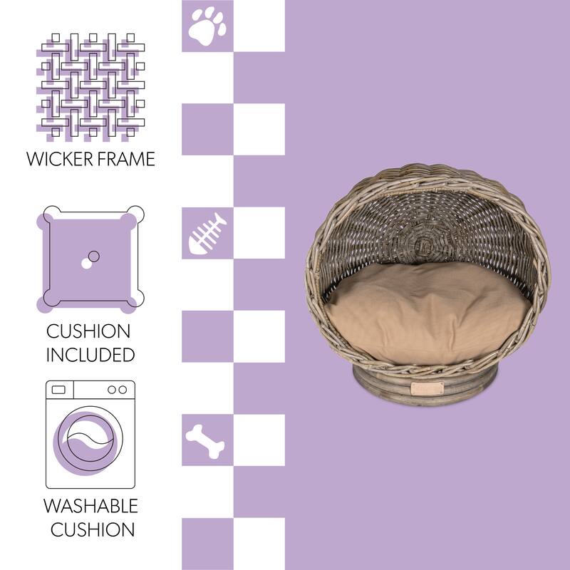 Socket Dome 19.5" x 17" Bohemian Handwoven Rattan Cat Bed with Machine-Washable Cushion, Kubu Gray