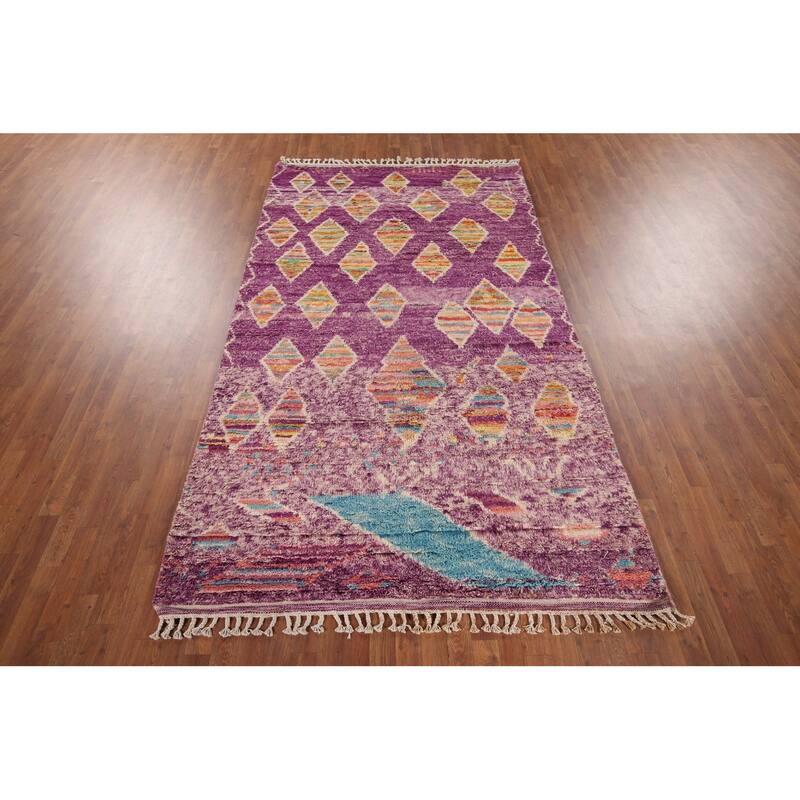 Geometric Purple Moroccan Abstract Area Rug Hand-Knotted Wool Carpet - 5'8"x 10'3"