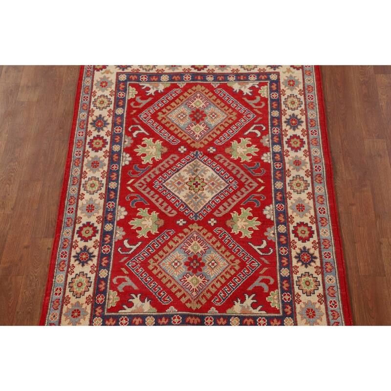 Red Geometric Kazak Foyer Rug Handmade Wool Carpet - 3'4"x 5'0"