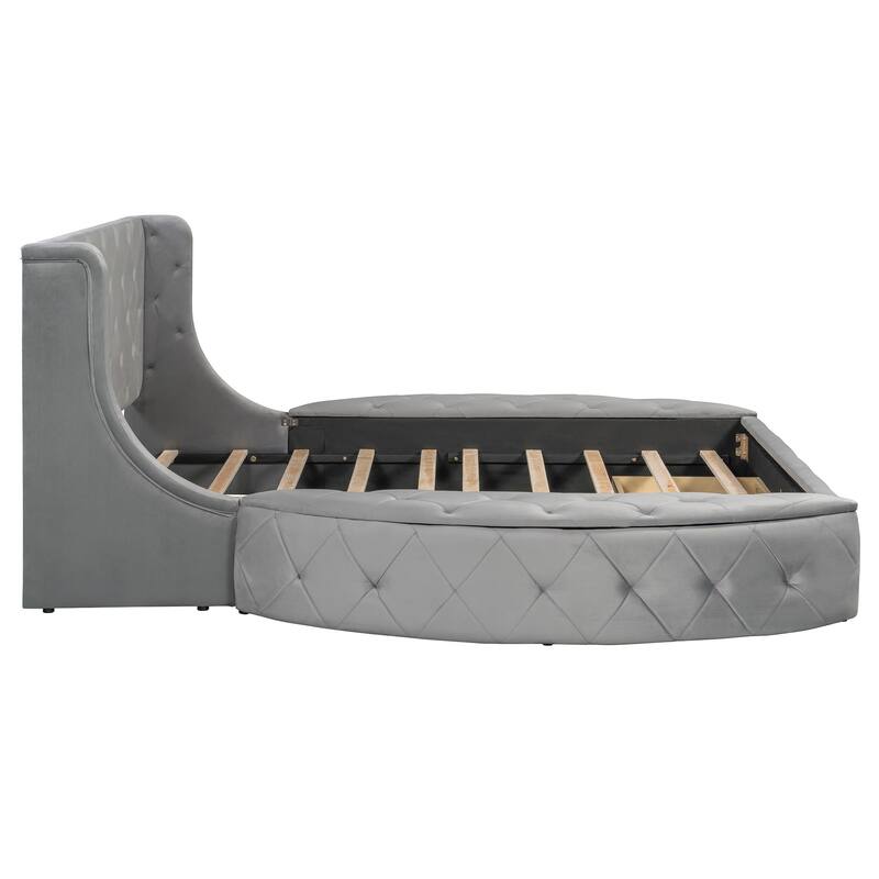 Low Profile Bed Queen Size Velvet Upholstered Platform Bed with Wingback Headboard, Big Drawer and 2 Semicircle Side Stools