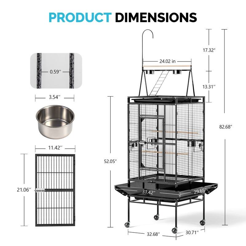 68in Wrought Iron Bird Cage with Playtop, Large Flight Cage with 5 Feeders & Ladder & Rolling Stand, for Small/Medium Birds