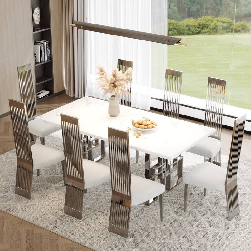 Faux Mable Dining Table Set with White Boucle and High Back Chairs