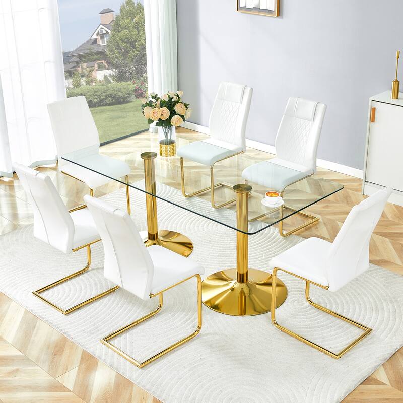 Rectangular Dining Table Set for 6-8 People, Modern Glass Table with Faux Leather Chairs - Gold,Transparent,White - 7 Piece
