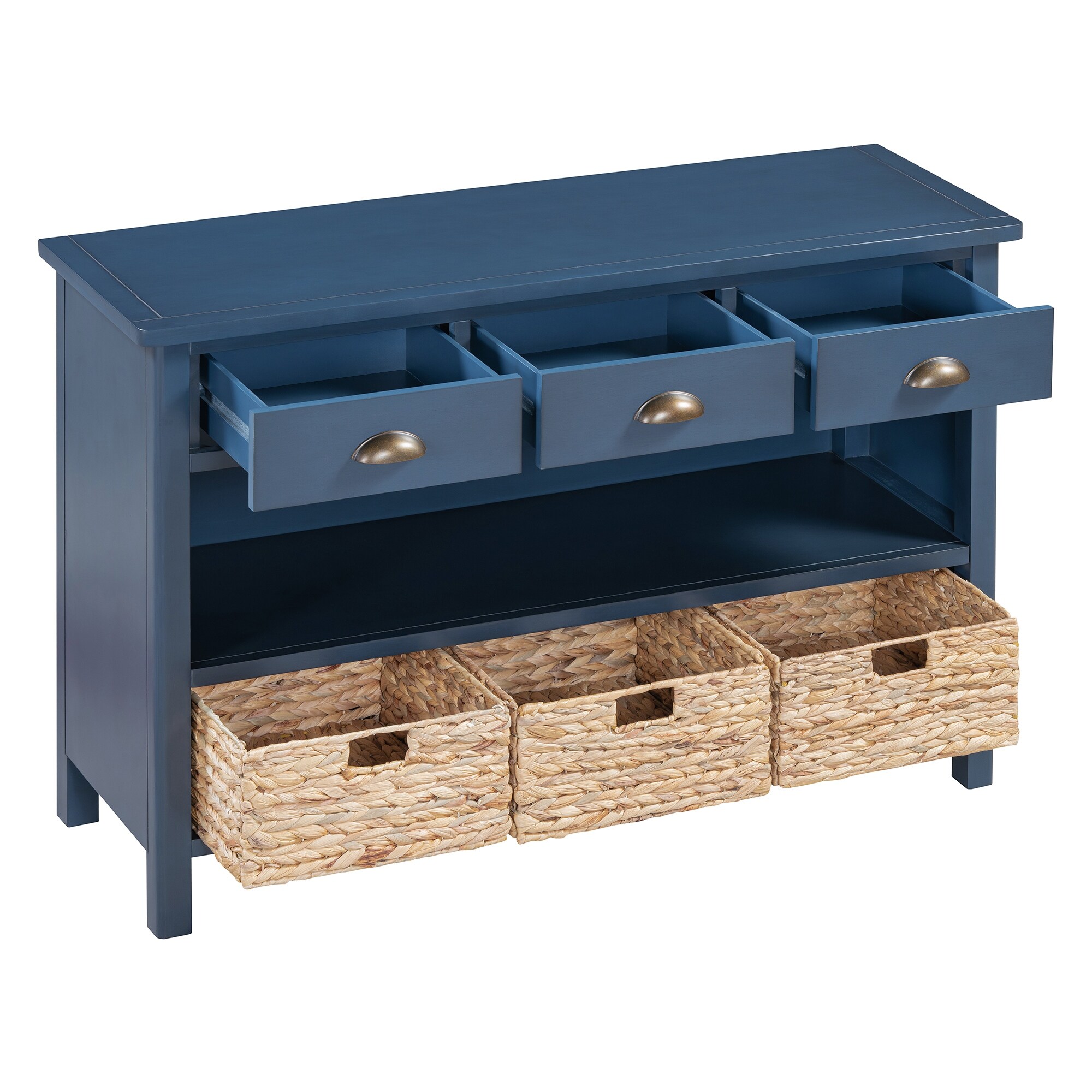 Navy Console Table Entryway Table with 3 Drawers Open Storage Shelves Woven Baskets for Living Room Pine Wood Frame Bed Bath Beyond 42153240