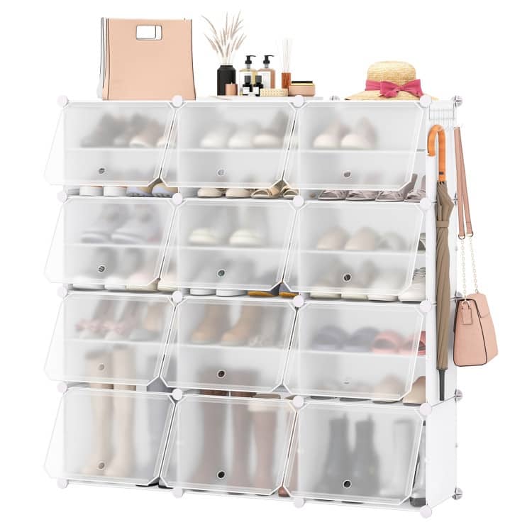 12-Cube Modular Shoe Rack Cabinet with Hooks & Doors - 49" x 12.5" x 49" (L x W x H) - White