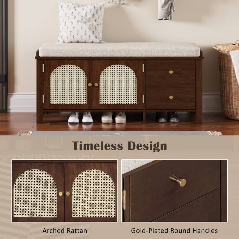 Wood Frame Bench with Shoe Storage, Shoe Bench with Rattan Arched Door and 2 Drawers Entryway Fabric Upholstered Bench
