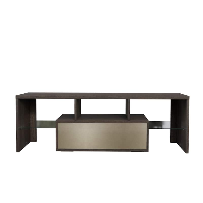 Brown+White 51" TV Stand with Glass Shelf & LED for TVs Up to 55"