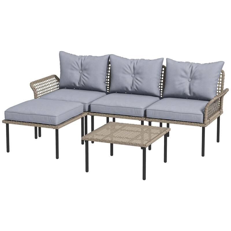 5PCS PE Rattan Patio Set, Sofa Chaise Coffee Table, White Weatherproof