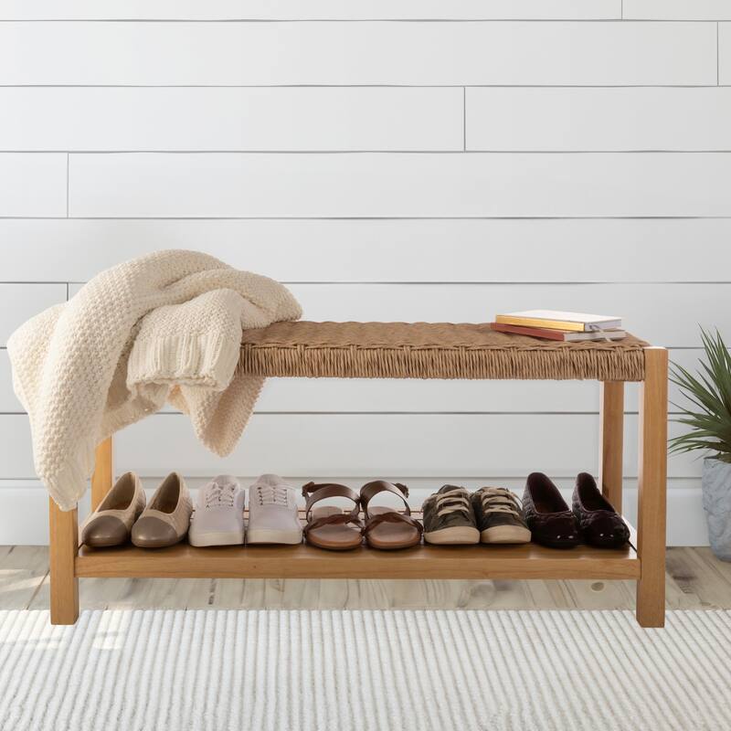 Newport 40" Wood Storage Bench with Handcrafted Woven Rope Seat, Natural